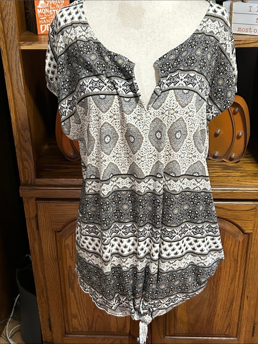 Lucky Brand Black and White Printed Tie-Hem Tunic Large